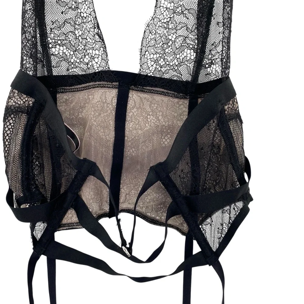 Victoria’s Secret Black Lace Halter Corset Chemise With Garter Belt Lingerie